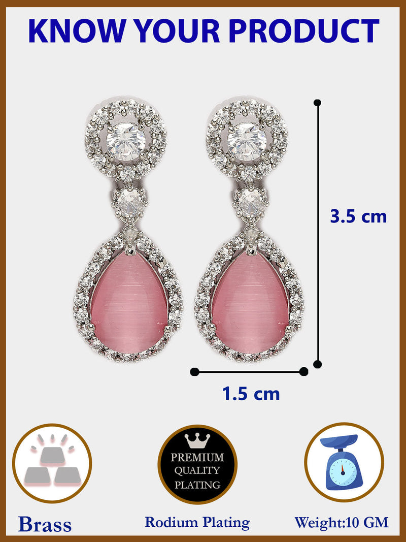 Rhodium Plated with Pink & White American Diamond Circular & Teardrop Shaped Drop Earrings