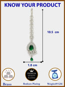 Rhodium Plated Silver Toned Green American Diamond  Floral Teardrop Maang Tikka with Elegant Dangling Stones