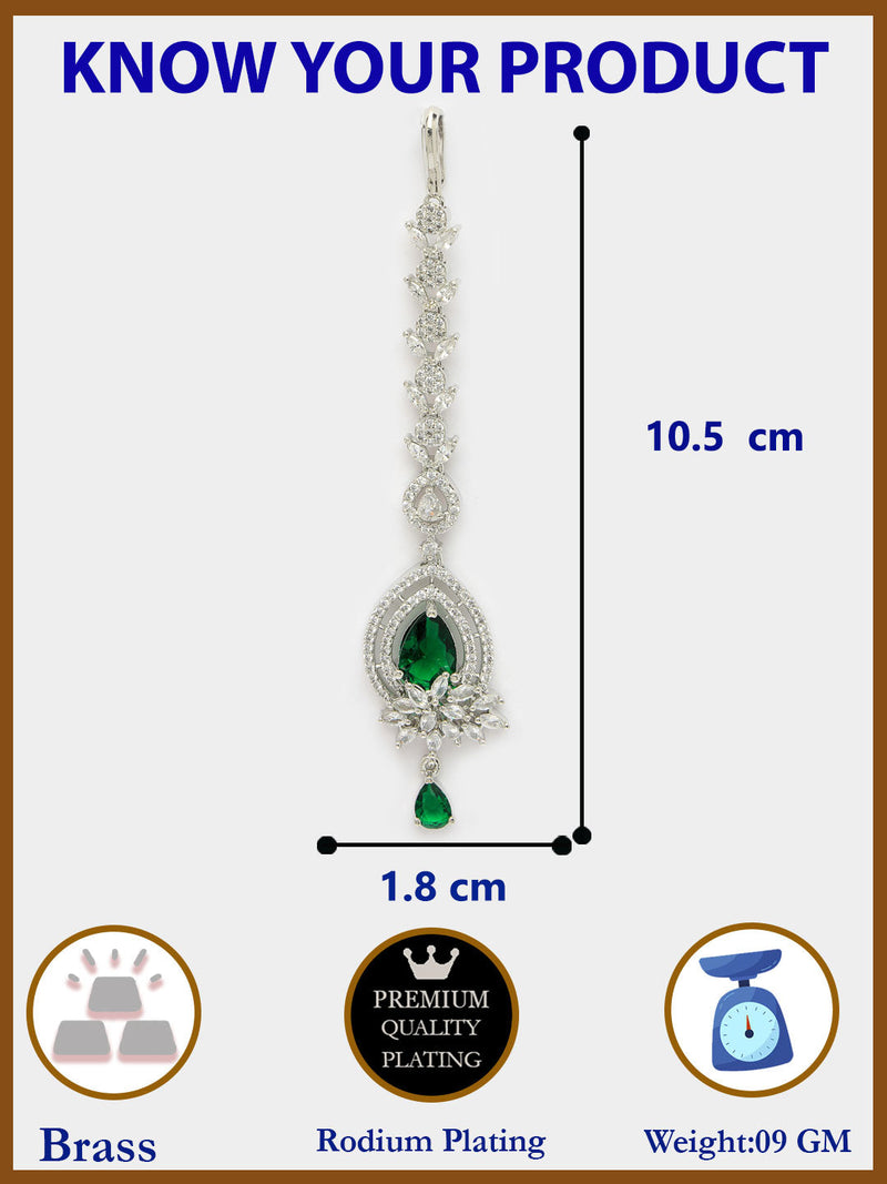 Rhodium Plated Silver Toned Green American Diamond  Floral Teardrop Maang Tikka with Elegant Dangling Stones