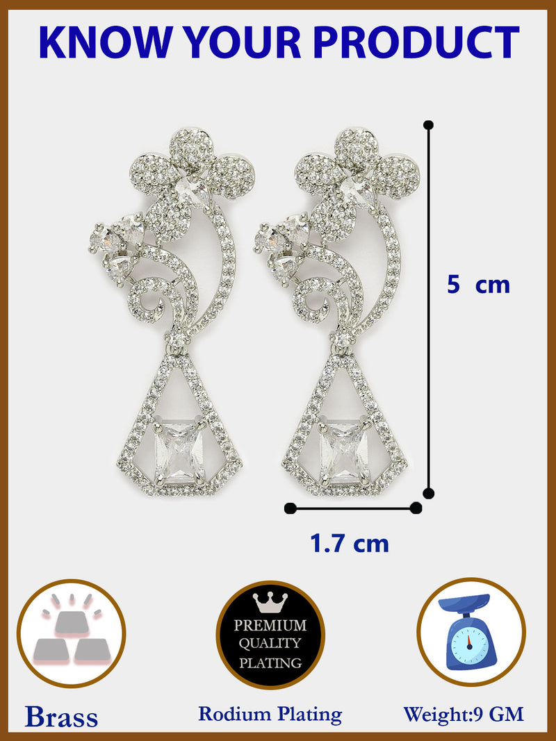 Rhodium Plated with Stylish Flower Design White American Diamond Small Drop Earrings