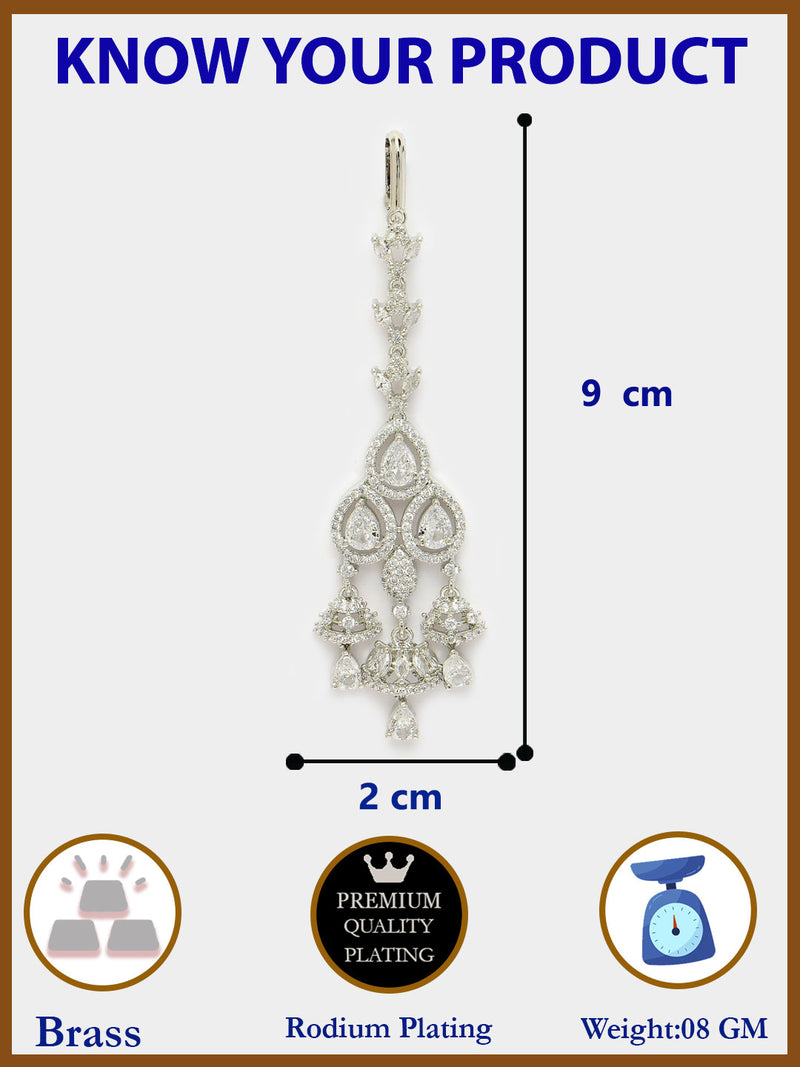 Rhodium Plated Silver Toned Dazzling White American Diamond Bridal Maang Tikka With Dangling Teardrop Stones