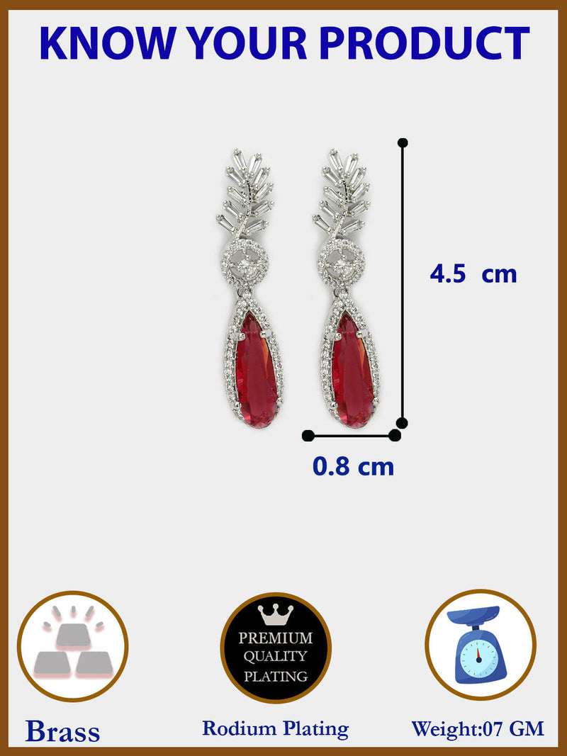 Rhodium Plated Silver Toned with Red American Diamond Small Drop Earrings