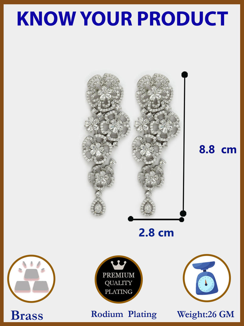 Rhodium Plated American Diamond Crystal Floral Dangler Earrings