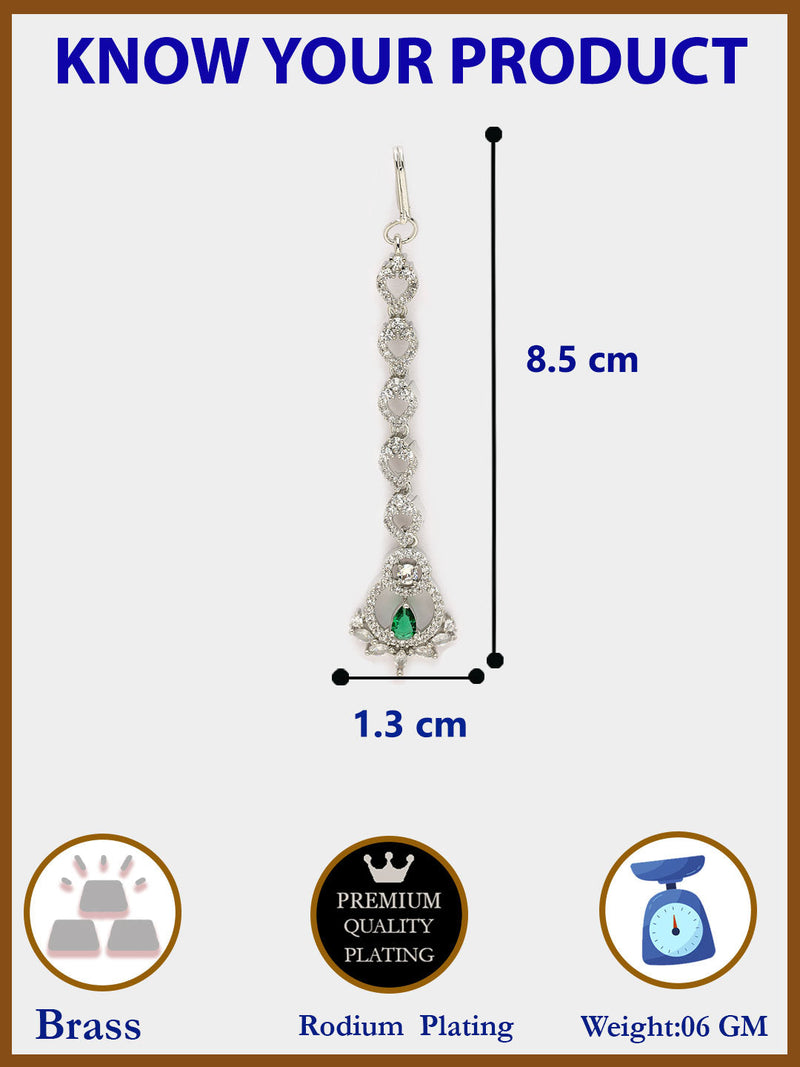 Rhodium Plated Silver Toned  Round & Teardrop Shaped Green American Diamond Studded Maang Tikka