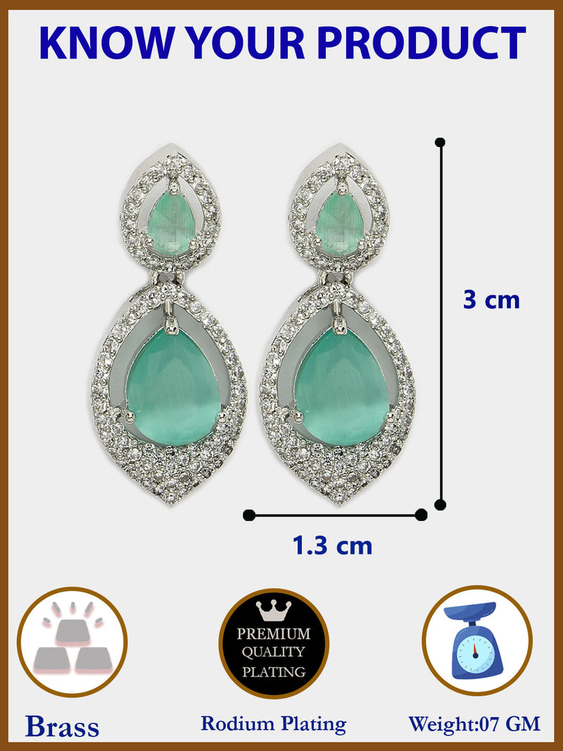 Rhodium Plated with Ocean Blue American Diamond Dual Teardrop Design Drop Earrings