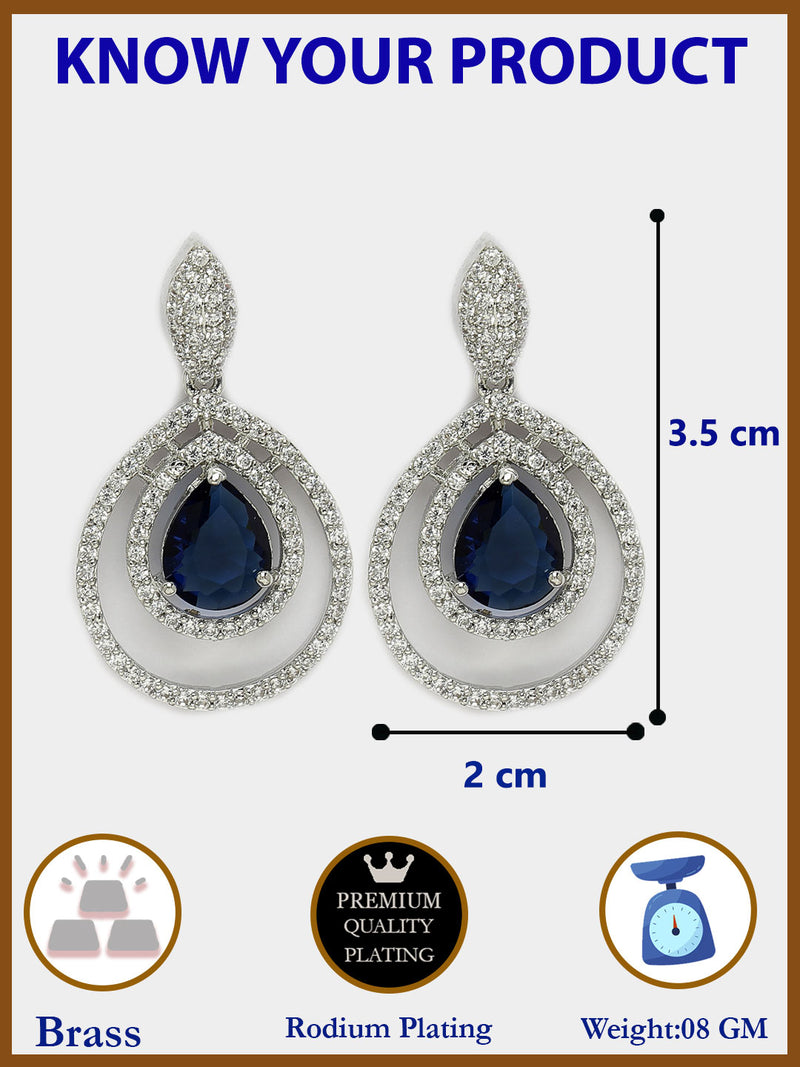 Rhodium Plated Silver Toned with Teardrop Shaped White American Diamond Drop Earrings