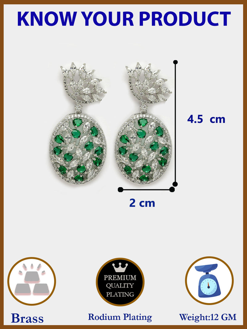 Rhodium Plated Tiny Tear Drops Green & White American diamond Small Drop Earrings