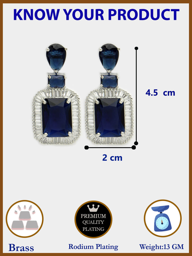 Rhodium Plated Silver Toned with Blue American Diamond Small Drop Earrings