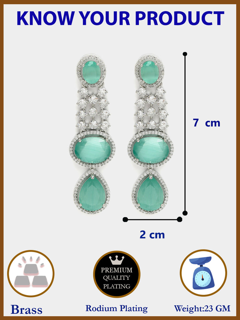 Rhodium Plated with Long Tear Drop Design Ocean Blue & White American Diamond Drop Earrings