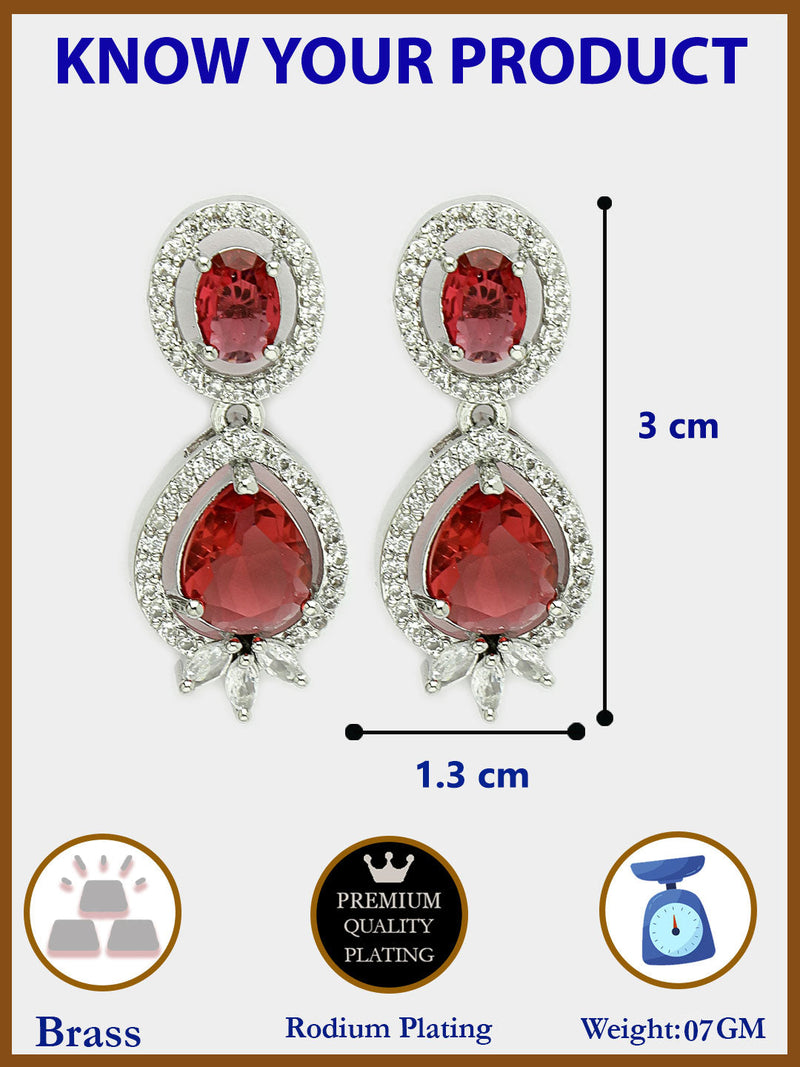 Rhodium Plated with Red & White American Diamond Small Drop Earrings
