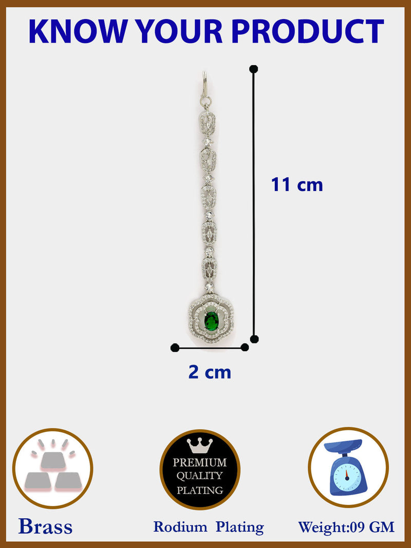 Rhodium Plated Silver Toned Round Floral Green American Diamond Studded Maang Tikka