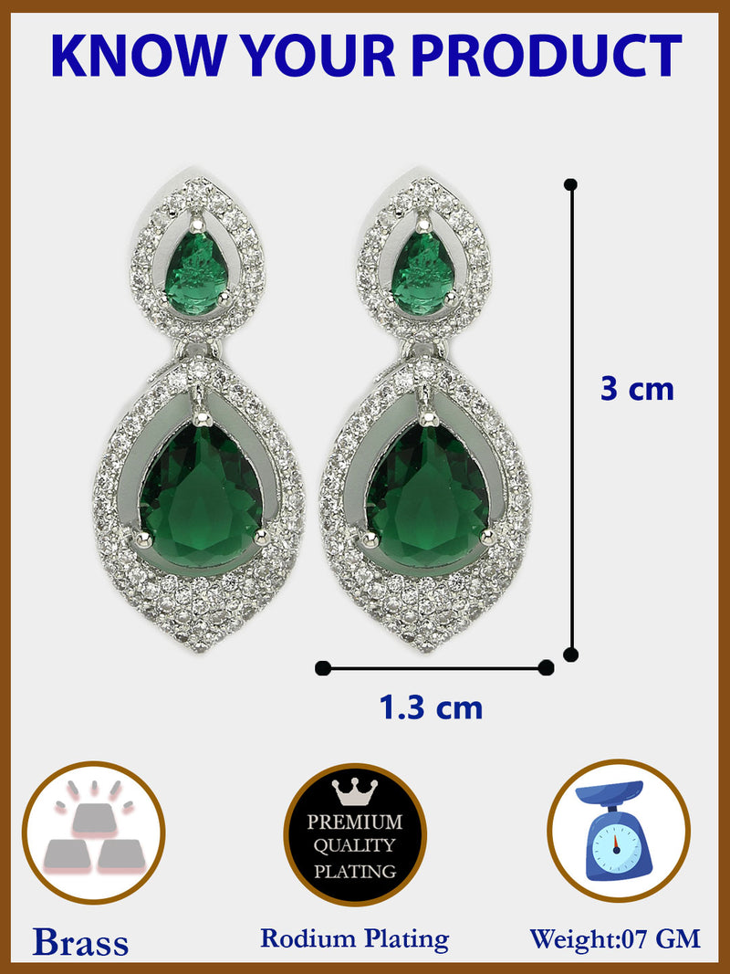 Rhodium Plated with Green American Diamond Dual Teardrop Design Drop Earrings