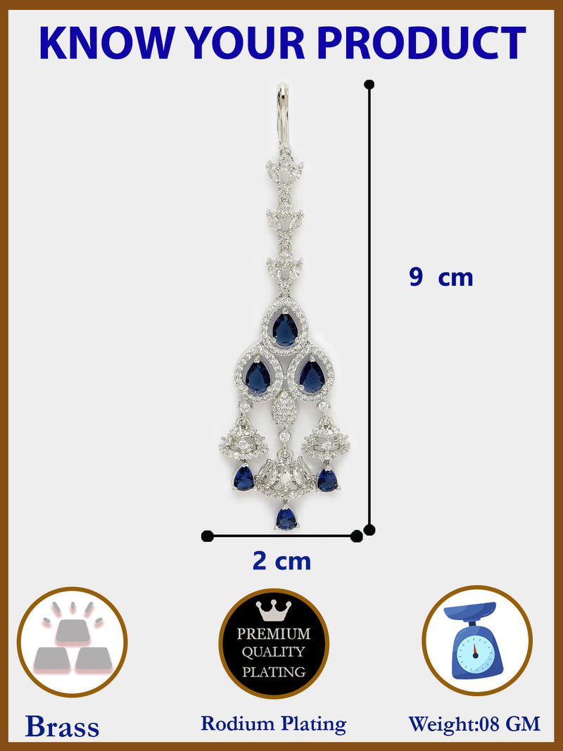 Rhodium Plated Silver Toned Blue & White American Diamond Bridal Maang Tikka With Dangling Teardrop Stones