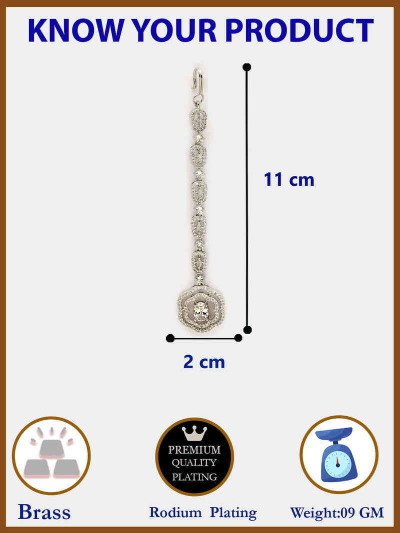 Rhodium Plated with White American Diamond Studded Floral Design Maang Tikka