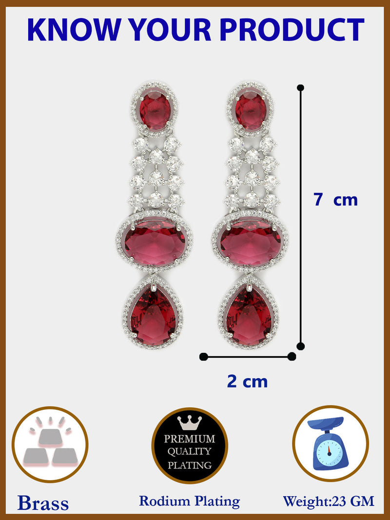 Rhodium Plated with Long Tear Drop Design Red & White American Diamond Drop Earrings