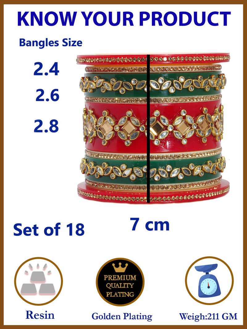 Gold Plated Kundan Studded Set Of 18 Traditional Bangle Set
