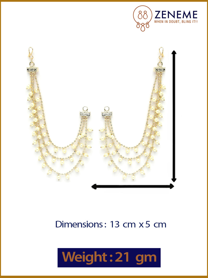 Gold Plated with White Pearls Studded Long Chain Attachment for Earrings