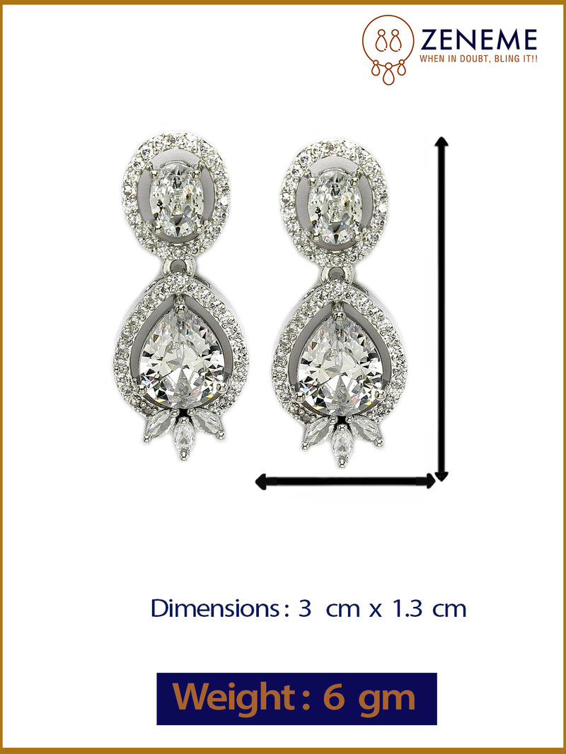 Rhodium Plated with White American Diamond Small Drop Earrings