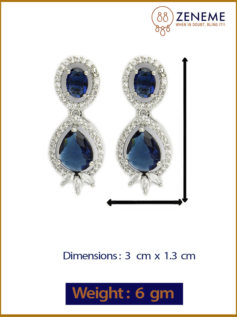 Rhodium Plated with Blue & White American Diamond Small Drop Earrings