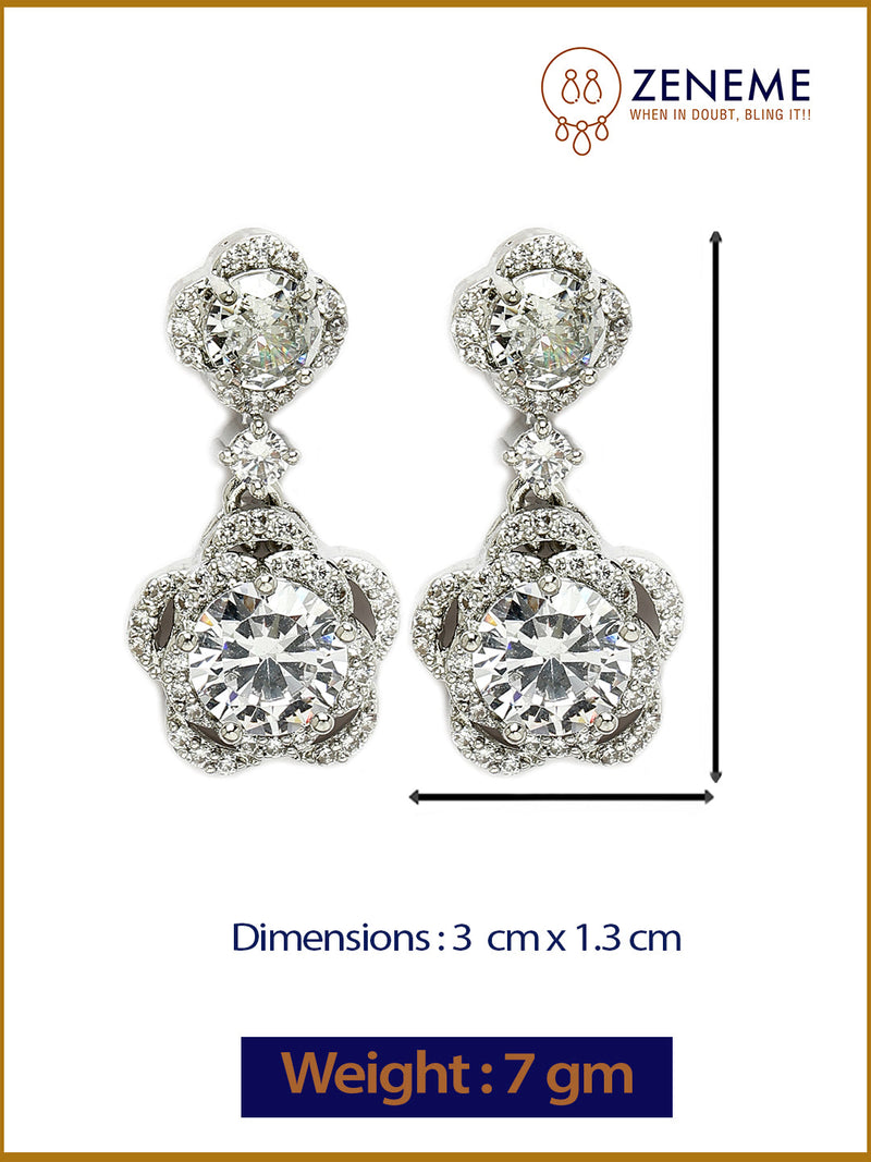 Rhodium Plated with Dual White American Diamonds Drop Earrings