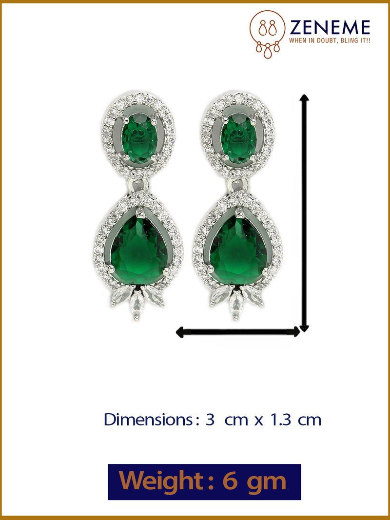 Rhodium Plated with Green & White American Diamond Small Drop Earrings