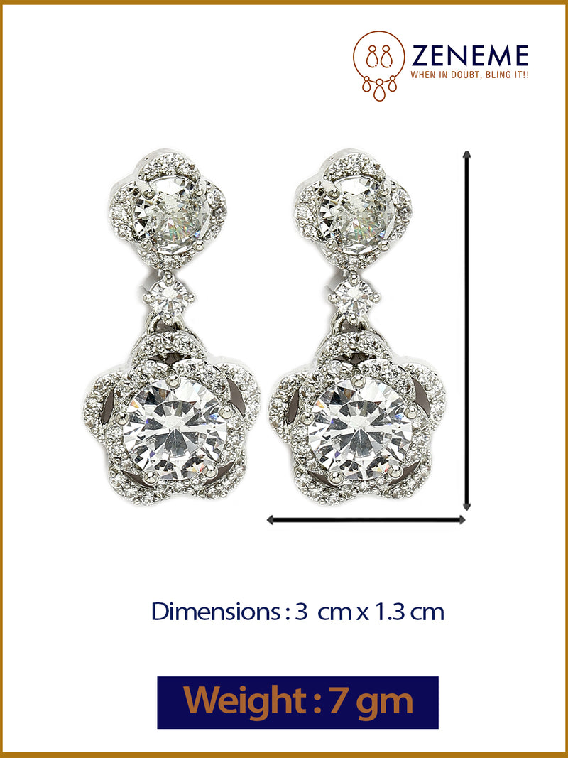 Rhodium Plated with Dual White American Diamonds Drop Earrings