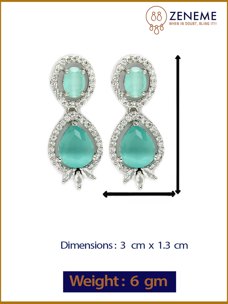 Rhodium Plated with Ocean Blue & White American Diamond Small Drop Earrings