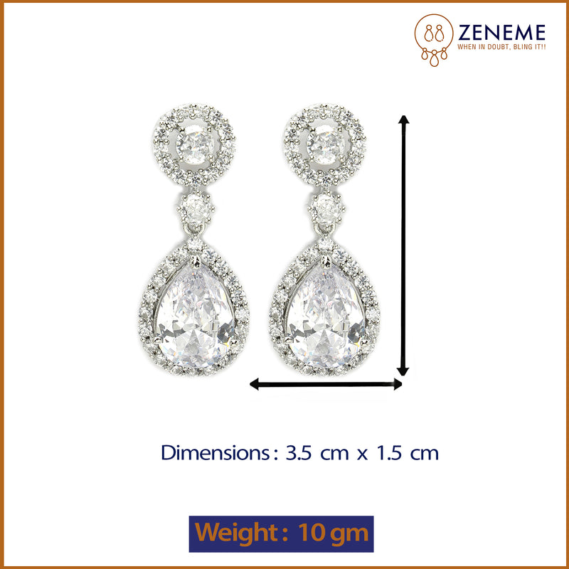 Rhodium Plated with White American Diamond Circular & Teardrop Shaped Drop Earrings