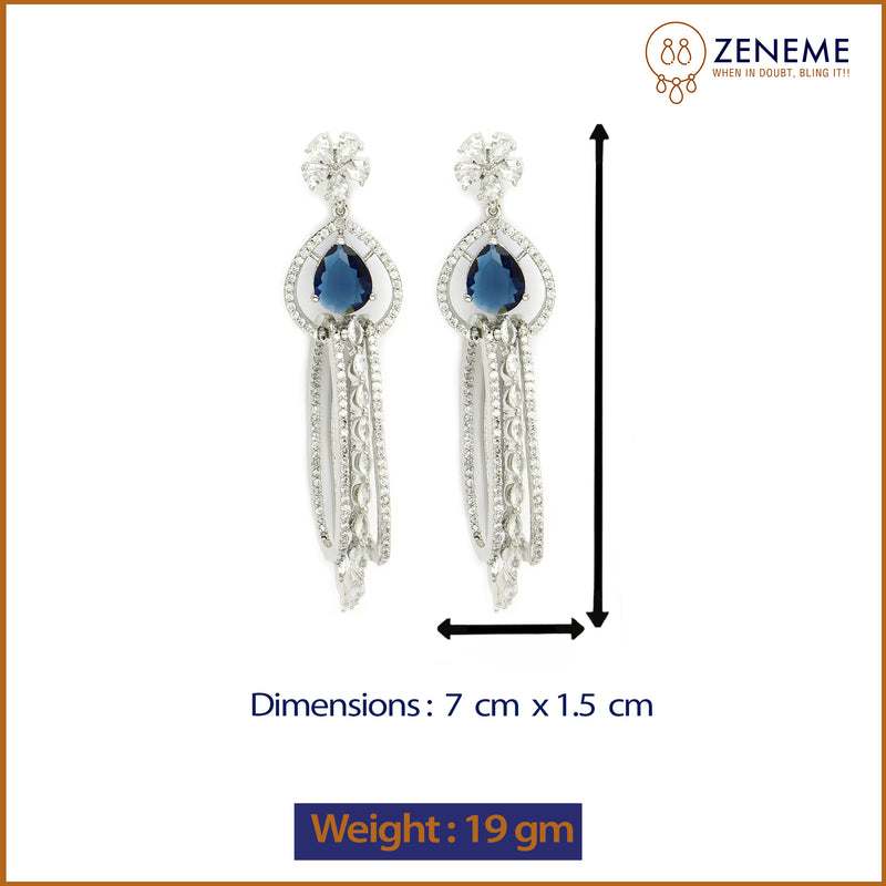 Rhodium Plated with Cluster Design Blue & White American Diamond Dangler Earrings