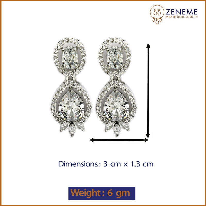 Rhodium Plated with White American Diamond Small Drop Earrings