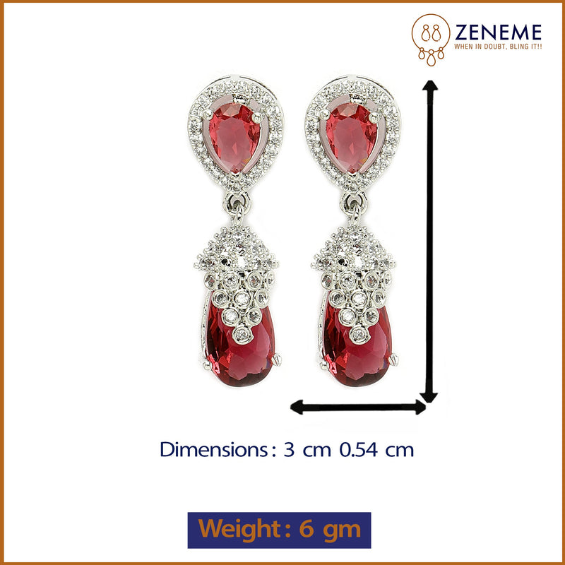 Rhodium Plated Silver Toned with Red American Diamond Small Drop Earrings