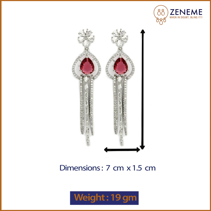 Rhodium Plated with Cluster Design Red & White American Diamond Dangler Earrings