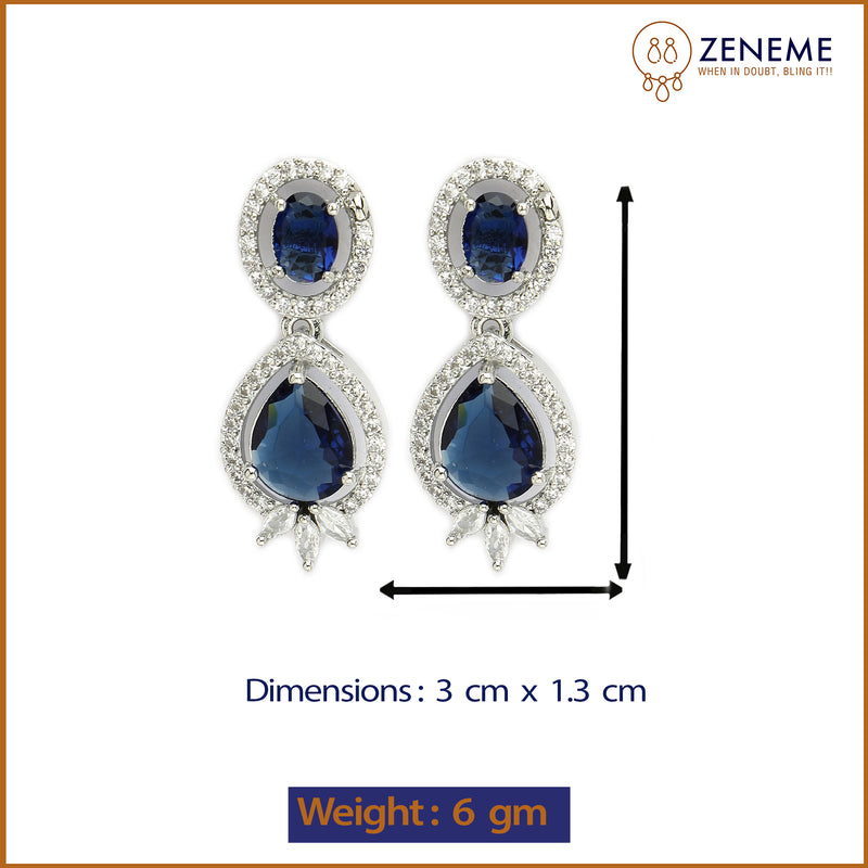 Rhodium Plated with Blue & White American Diamond Small Drop Earrings