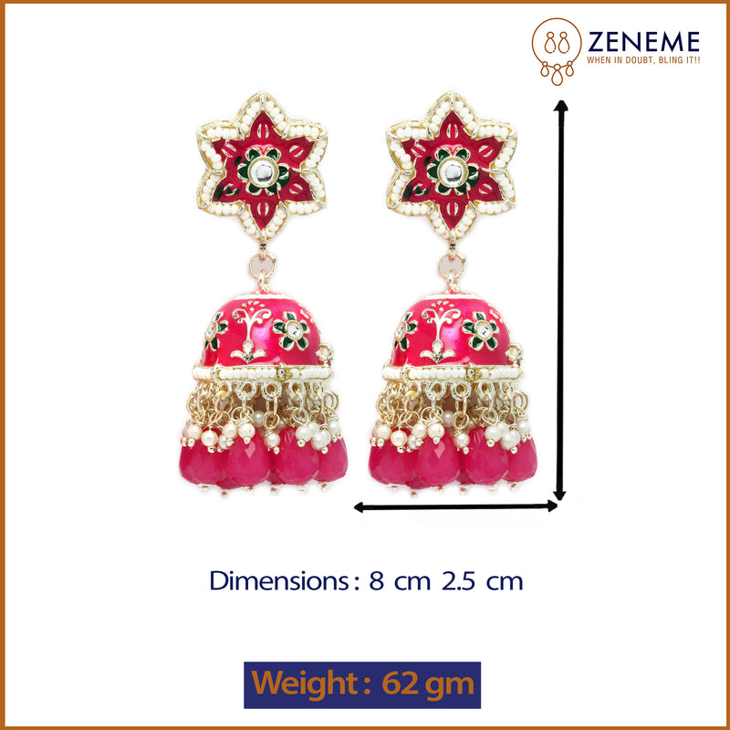 Gold-Plated Pink & White Kundan-Pearls studded Star Shaped Enamelled Jhumka Earrings
