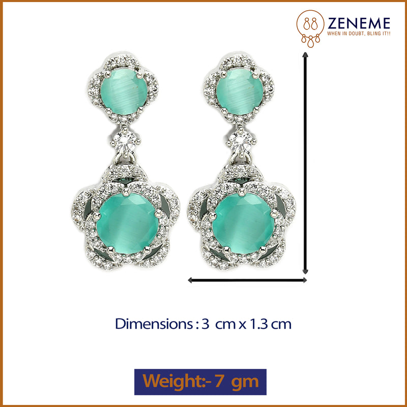 Rhodium Plated with Dual Ocean Blue American Diamonds Drop Earrings