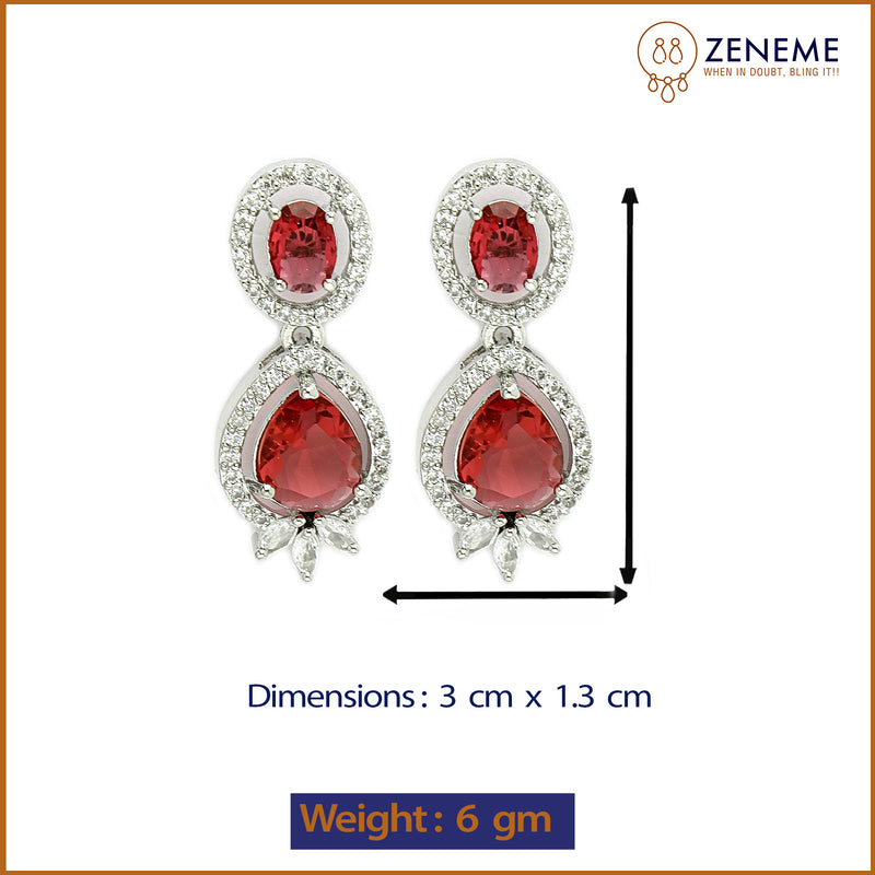 Rhodium Plated with Red & White American Diamond Small Drop Earrings