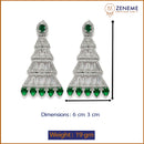 Rhodium-Plated Silver Toned Green & White American Diamond studded Triangular Shaped Drop Earrings