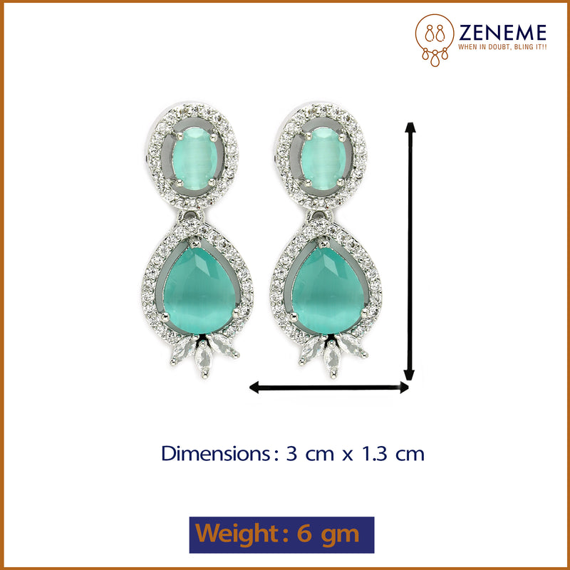 Rhodium Plated with Ocean Blue & White American Diamond Small Drop Earrings