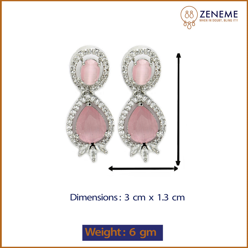 Rhodium Plated with Pink & White American Diamond Small Drop Earrings