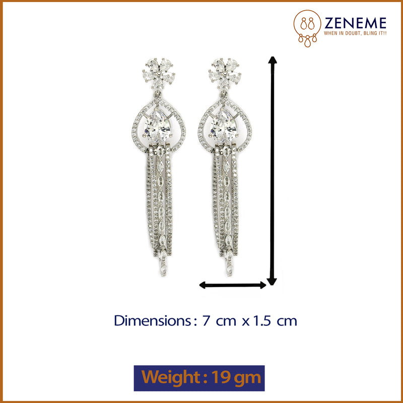 Rhodium Plated with Cluster Design White American Diamond Dangler Earrings