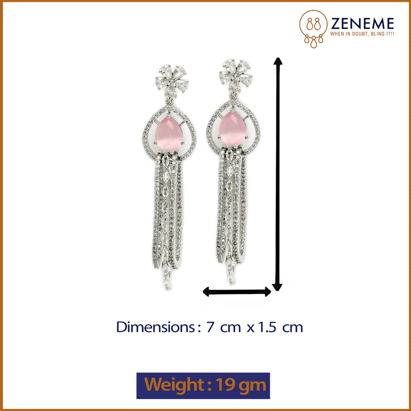 Rhodium Plated with Cluster Design Pink & White American Diamond Dangler Earrings