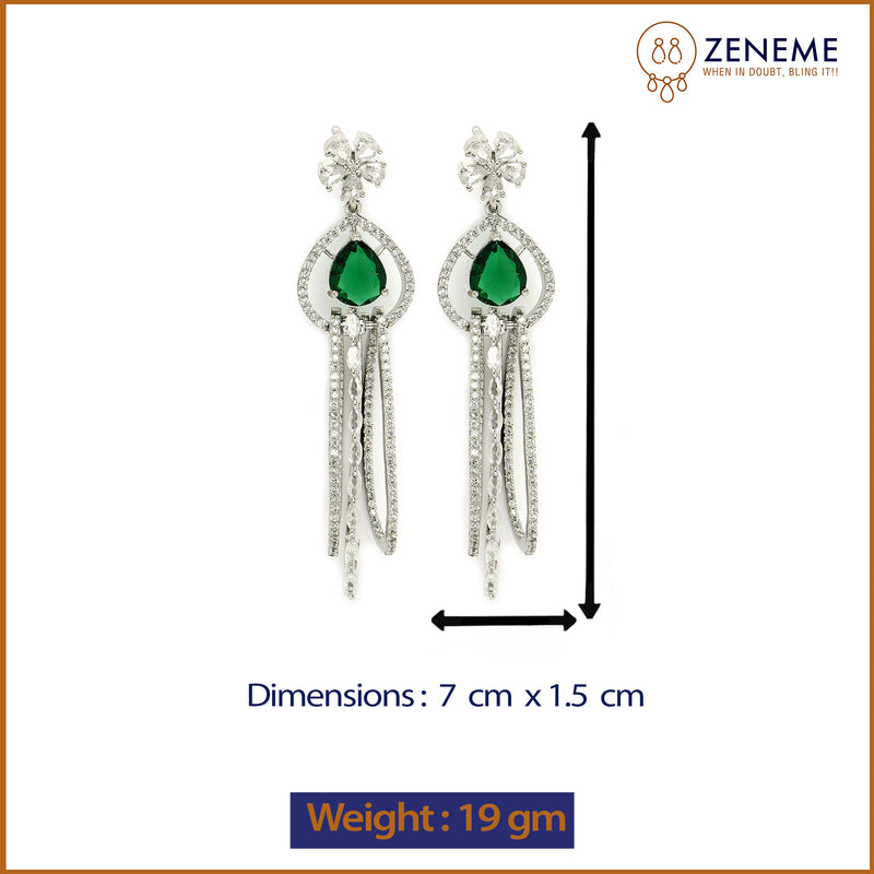 Rhodium Plated with Cluster Design Green & White American Diamond Dangler Earrings