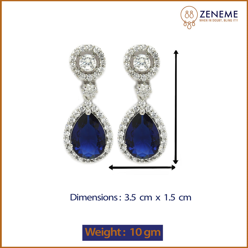 Rhodium Plated with Blue & White American Diamond Circular & Teardrop Shaped Drop Earrings