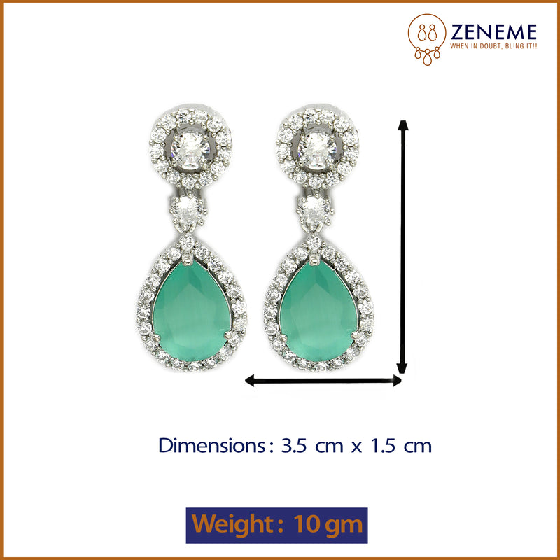 Rhodium Plated with Ocean Blue & White American Diamond Circular & Teardrop Shaped Drop Earrings