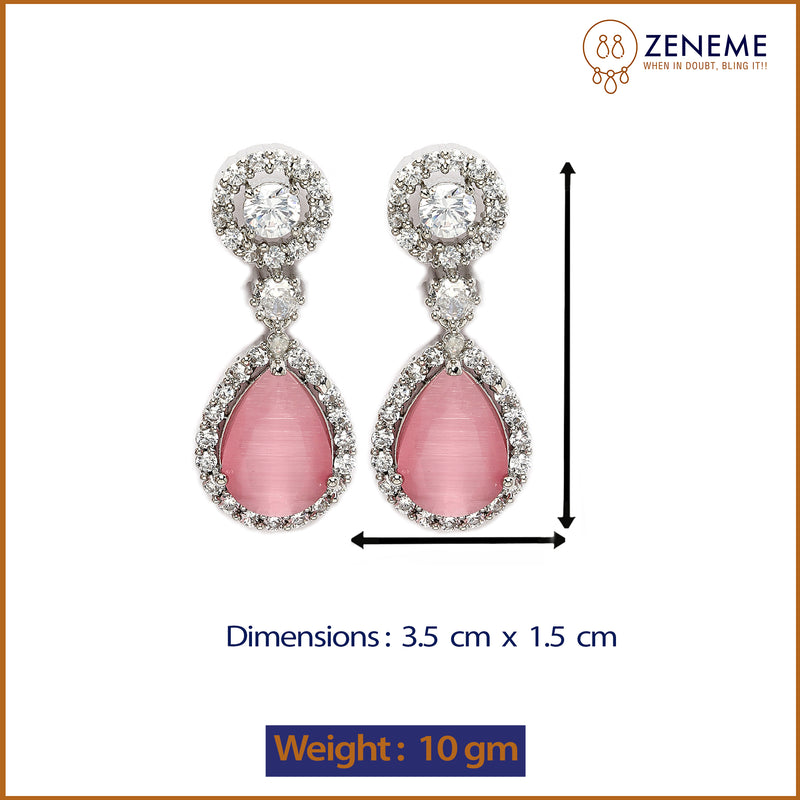 Rhodium Plated with Pink & White American Diamond Circular & Teardrop Shaped Drop Earrings