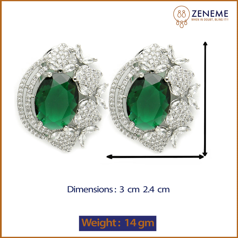 Rhodium Plated Floral Design with Green & White American Diamond Stud Earrings