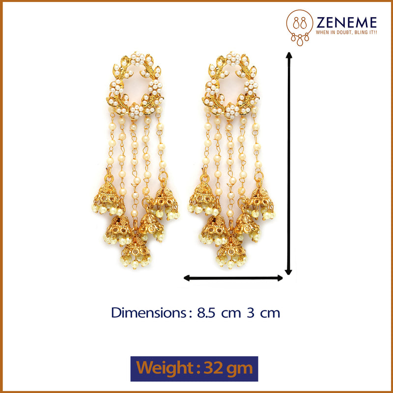 Gold Plated with White Pearl Bedded Handcrafted Jhumka Dangle Earrings