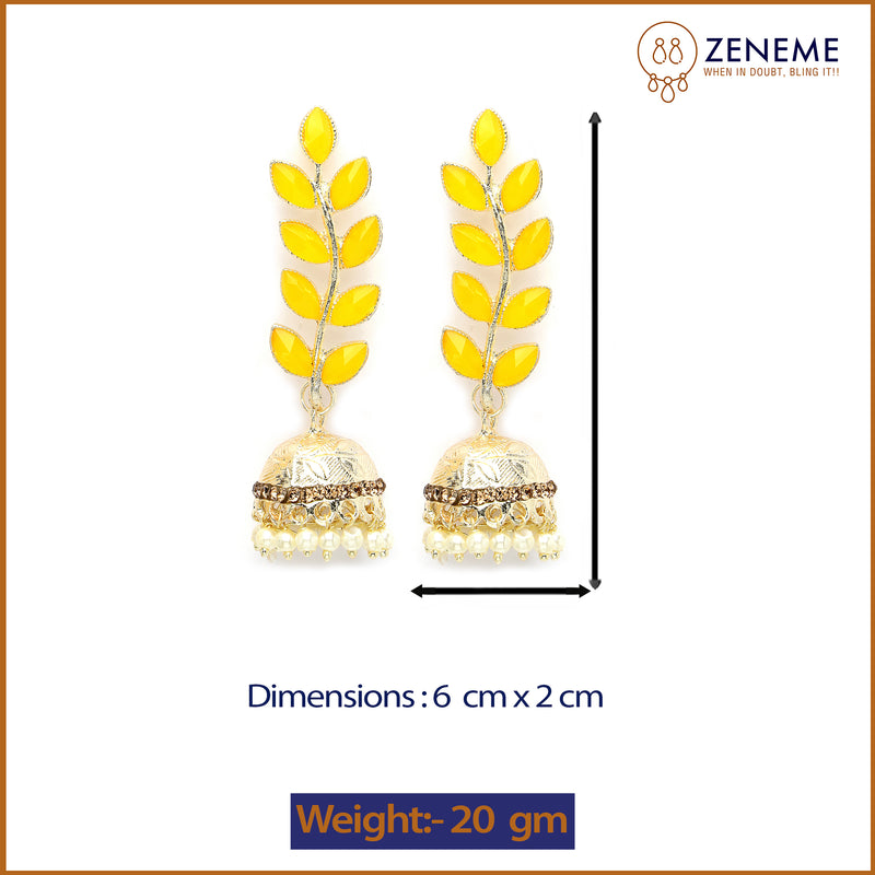 Gold Plated with Leaf Shaped American Diamond Studded Drop Earrings