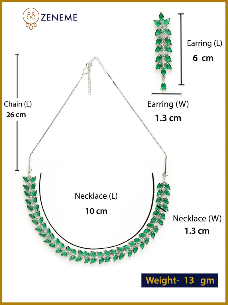 Rhodium Plated Silver Toned Green Floral American Diamond Studded Necklace With Matching Earrings