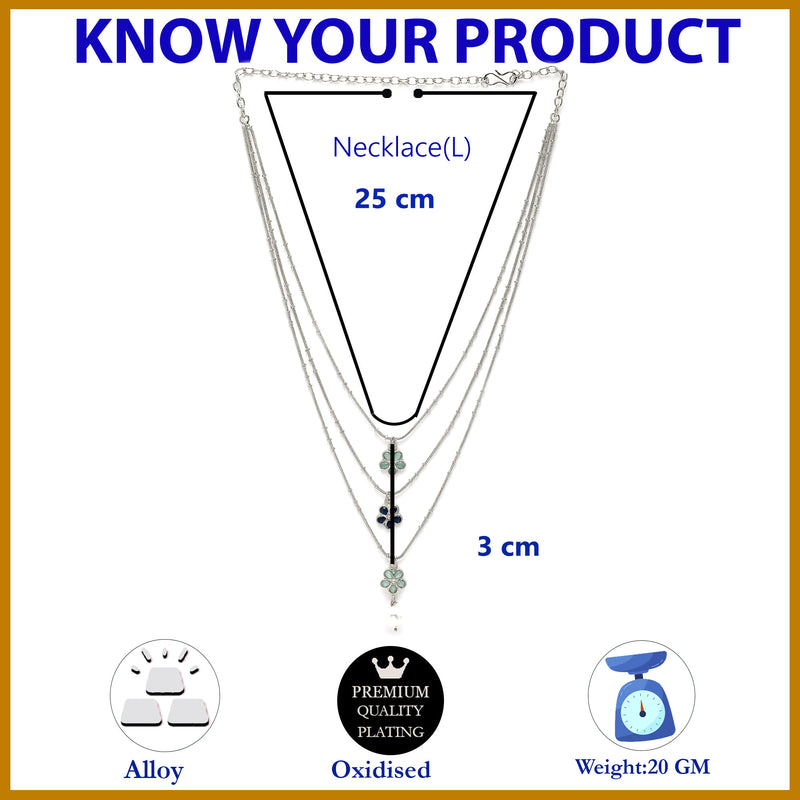 Oxidized  Pearl & Sea Green Stones Studded 3 Layered Necklace